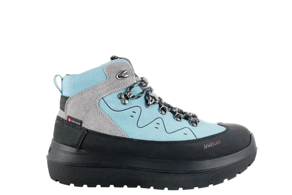 Zijaanzicht van de kybun Rigi Aqua: een halfhoge, waterafstotende outdoorschoen voor dames met een elastisch-verende antislipzool.